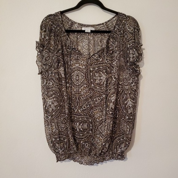 Liz Claiborne Blouse Size Xl Brown Print Semi Sheer Ruffle Cap SLV V Neck Career - Picture 1 of 9